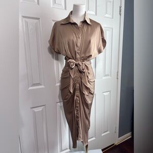 DO+BE Womens Gold Dress Sz S Satin Collared Tie Wrap Sexy Modern Revolve Chic.